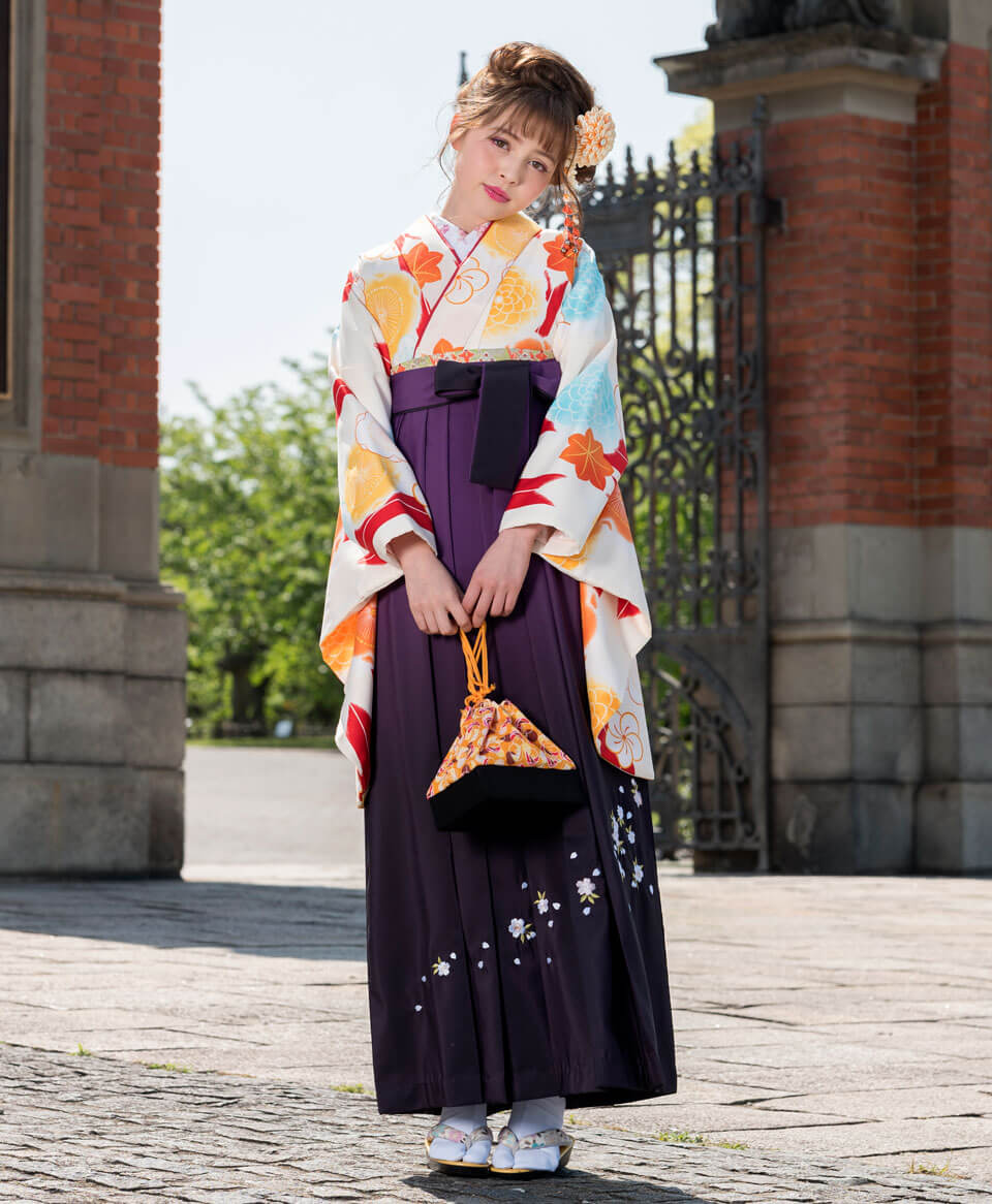 【卒業式袴レンタル/コーデ】古典かわいい大人梅矢絣(オシャレ)　白/紫　CCC571_MBS061
