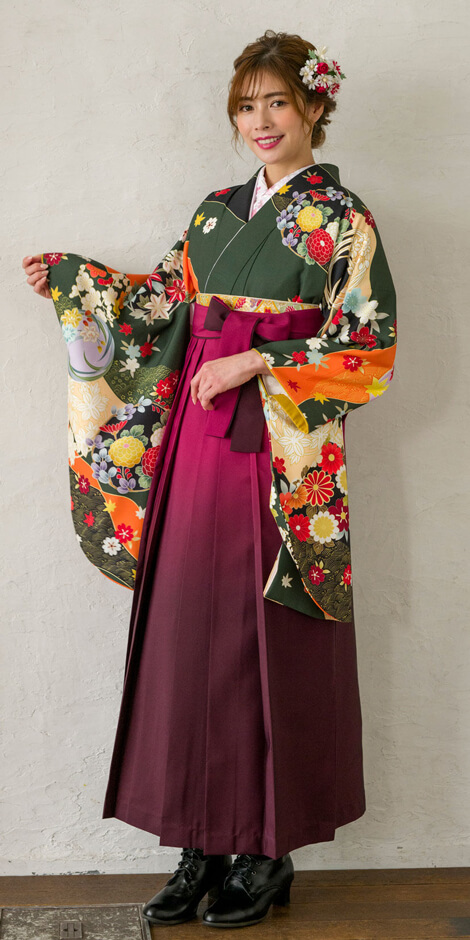 卒業式袴レンタル 着物：フカミドリ友禅四季花／DDD865 袴：ワインボカシ／WNB030