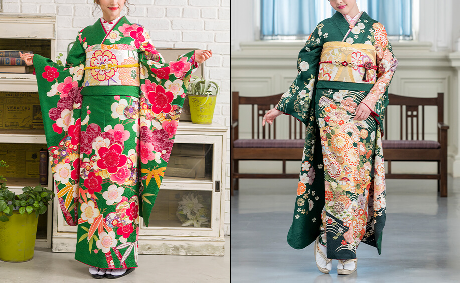 緑色の振袖の柄｜レトロ柄と古典柄