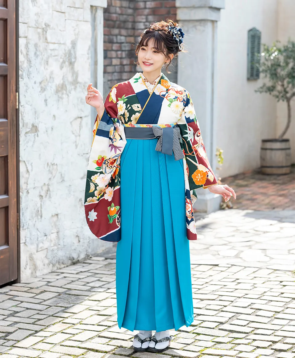 【卒業式袴レンタル/人気】古典(オシャレ)　白/青/赤　BBB479_BLS020