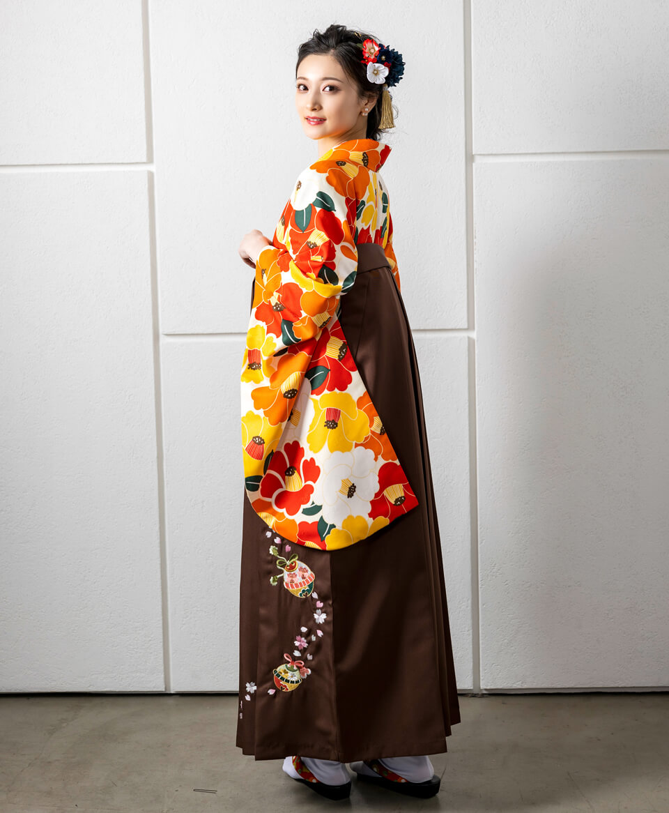 【卒業式袴レンタル/コーデ】椿レトロ(オシャレ)　赤/黄色/オレンジ/茶色　CCC573_CSZ505