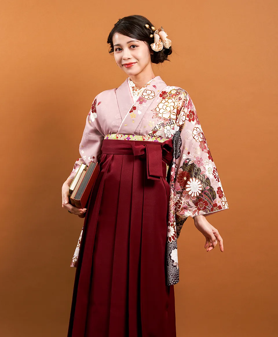 卒業式袴レンタル 着物：小豆色に疋田花／BBB491 袴：エンジ／ENJ004