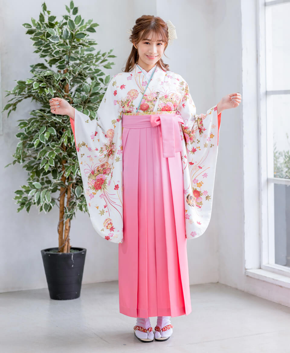 【卒業式袴レンタル/コーデ】古典かわいい大人(オシャレ)　白/ピンク　B00025_PBK937