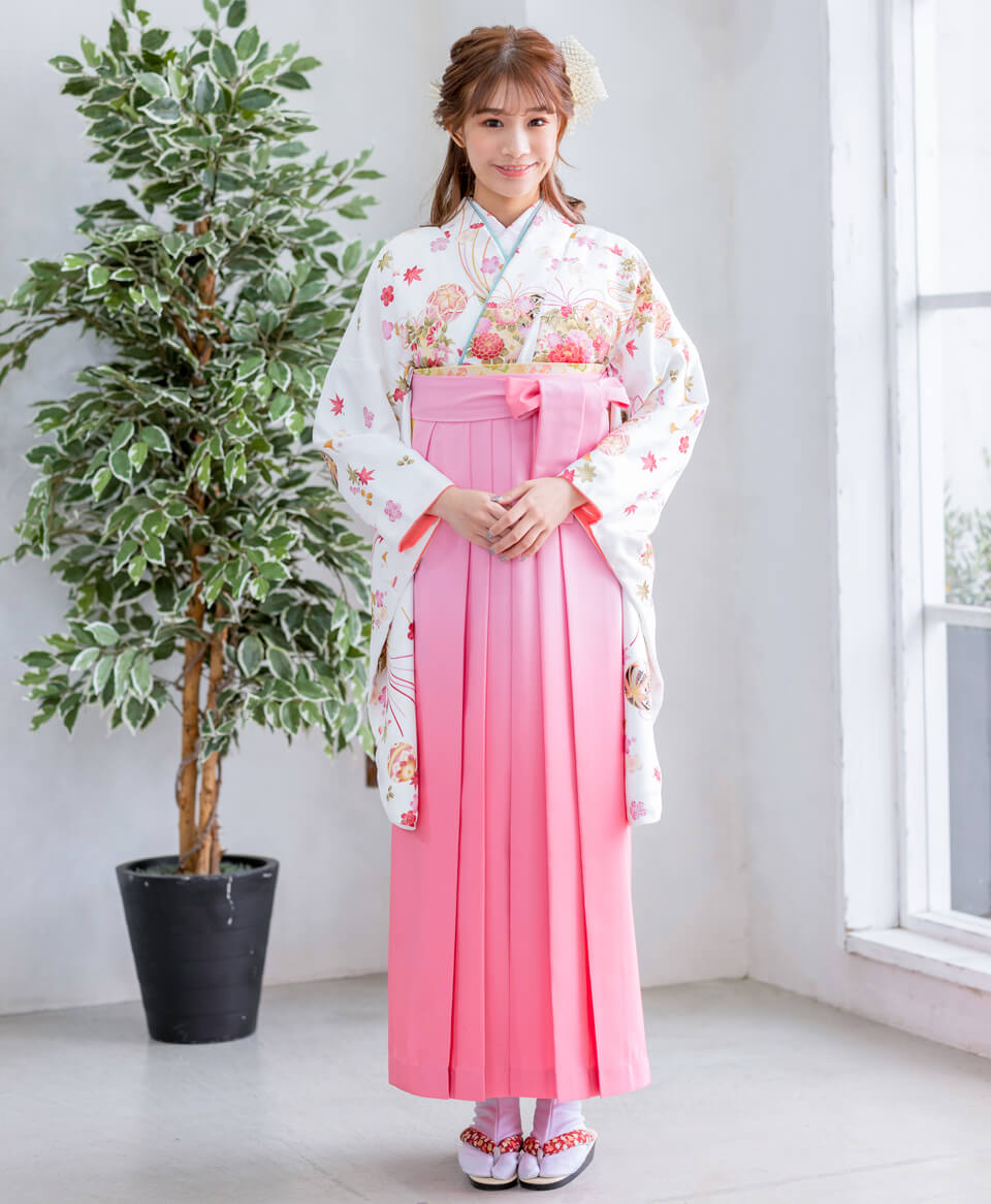 【卒業式袴レンタル/コーデ】古典かわいい大人(オシャレ)　白/ピンク　B00025_PBK937