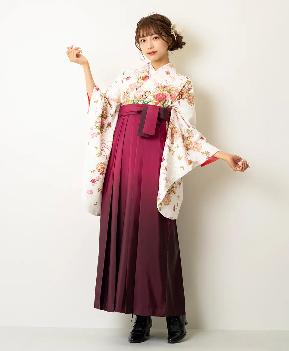 卒業式袴レンタル 着物：白桜・まり／B00025 袴：ワインボカシ／WNB030