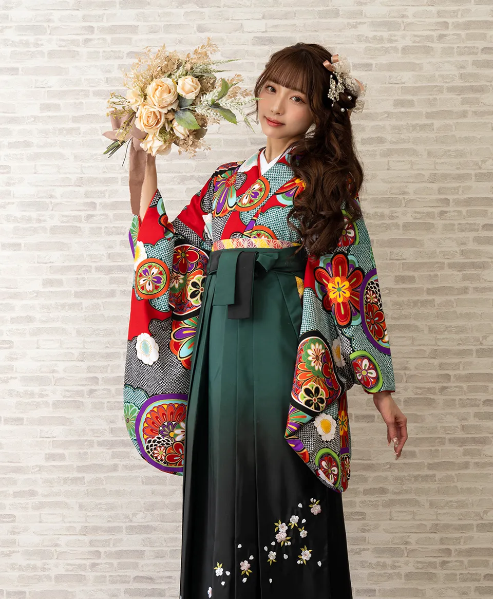 卒業式袴レンタル 着物：赤に雲絞りに花鏡／BBB461 袴：フカミドリボカシシシュウ／FBS062