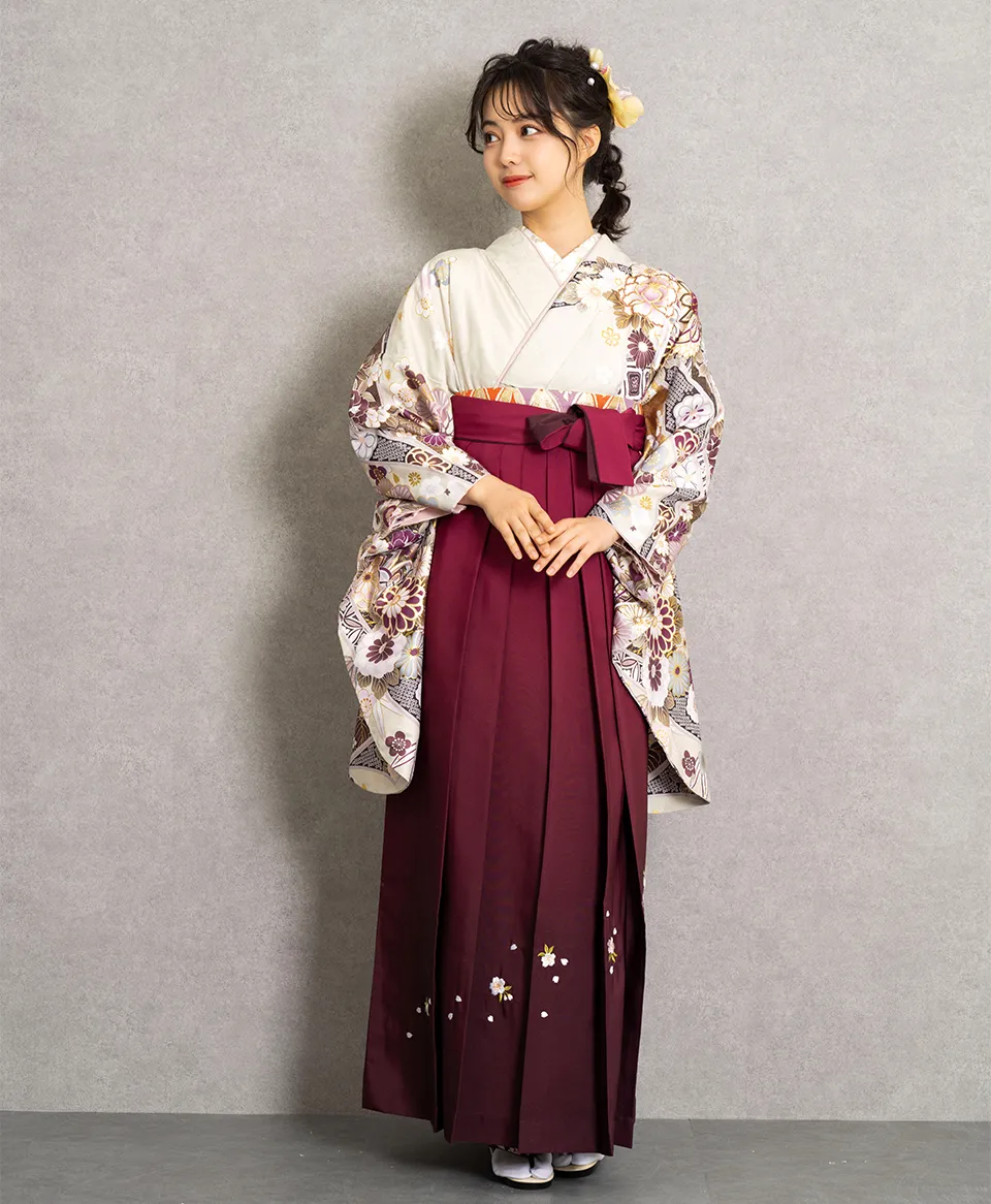 卒業式袴レンタル 着物：うぐいす色に熨斗花ずくし／BB492 袴：ワインボカシシシュウ／WBS060