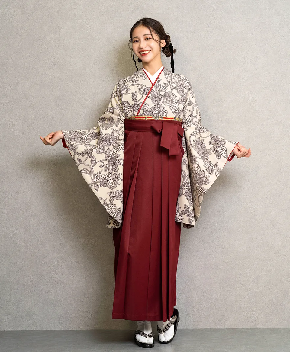 卒業式袴レンタル 着物：ベージュに蝋花from Hiromi Ichida／BBB493 エンジ／ENJ004