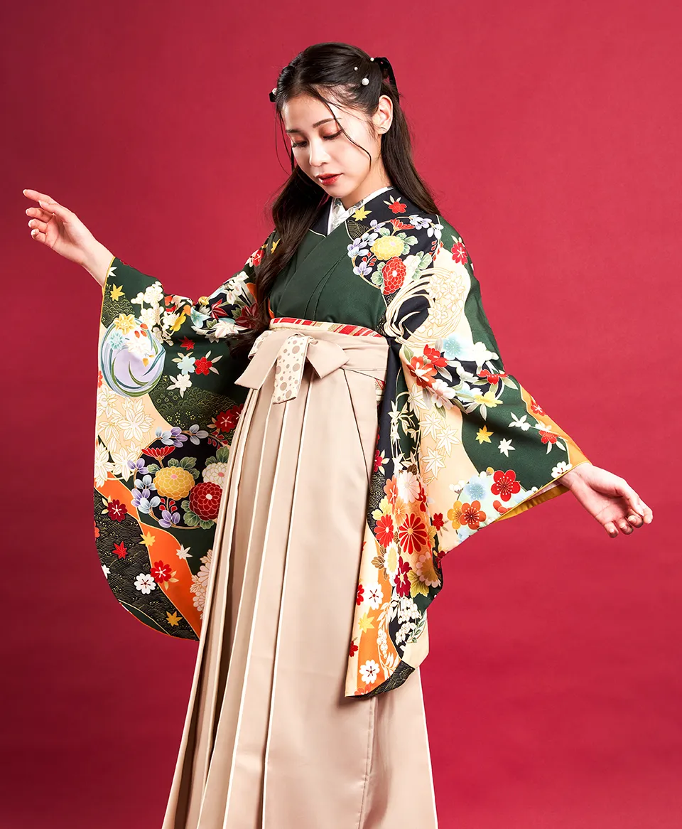 卒業式袴レンタル 着物：フカミドリ友禅四季花／DDD865 袴：ベージュライン紐水玉／BLD927
