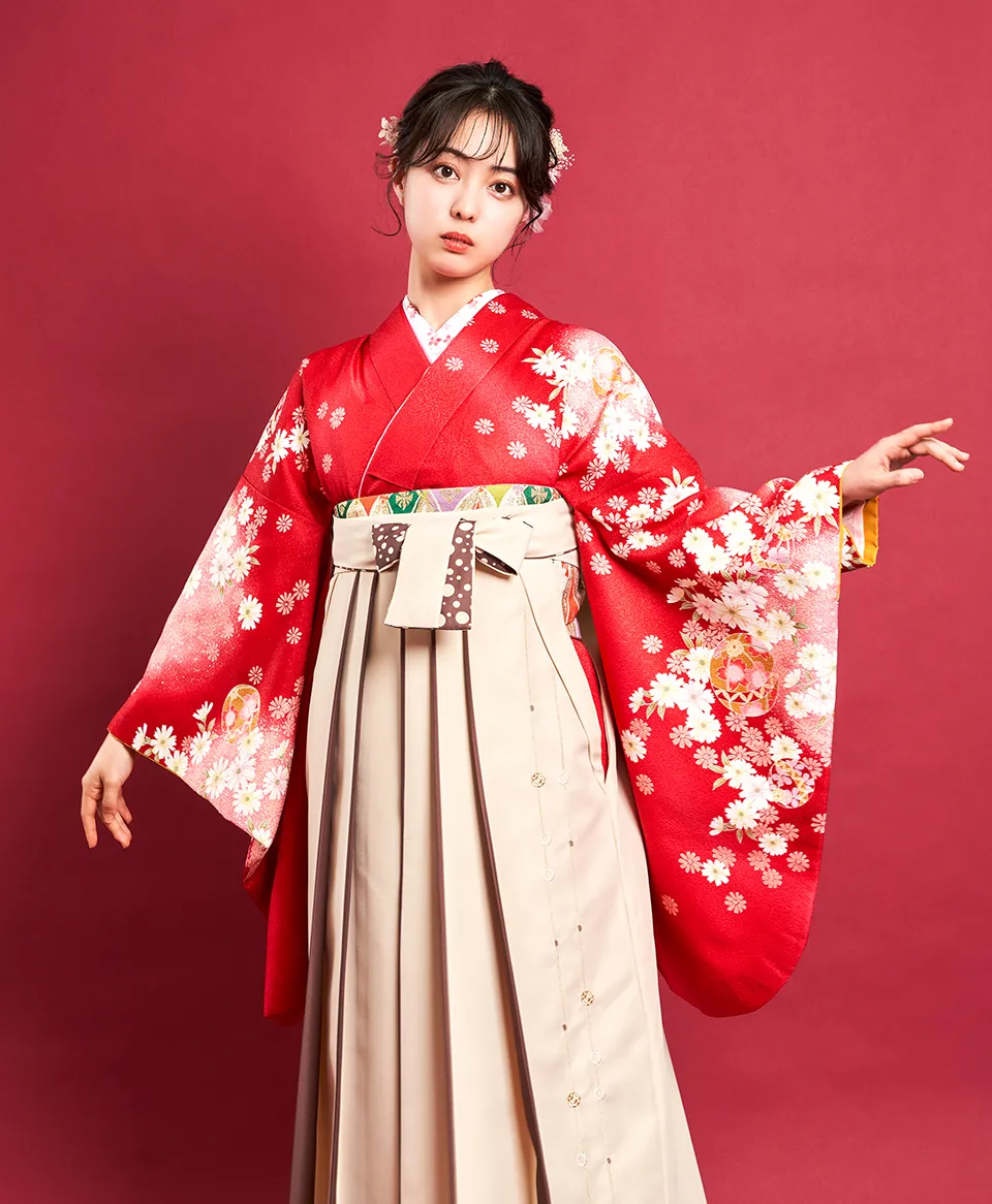 卒業式袴レンタル 赤ラメ桜／G00031 クリームラインすだれ／CSD087